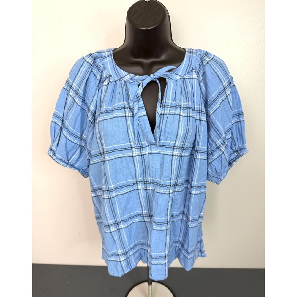Loft Women's Blue Plaid Flannel Blouse Peasant Top Short Sleeve Small